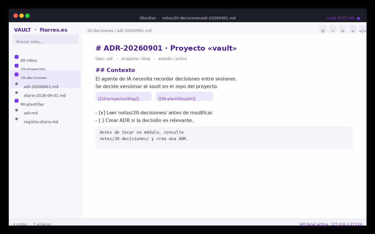 Editor de Obsidian con una nota ADR y la estructura del vault