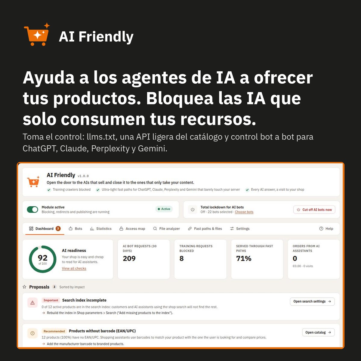 Captura del panel de AI Friendly: puntuación de preparación para IA, actividad de bots y propuestas.