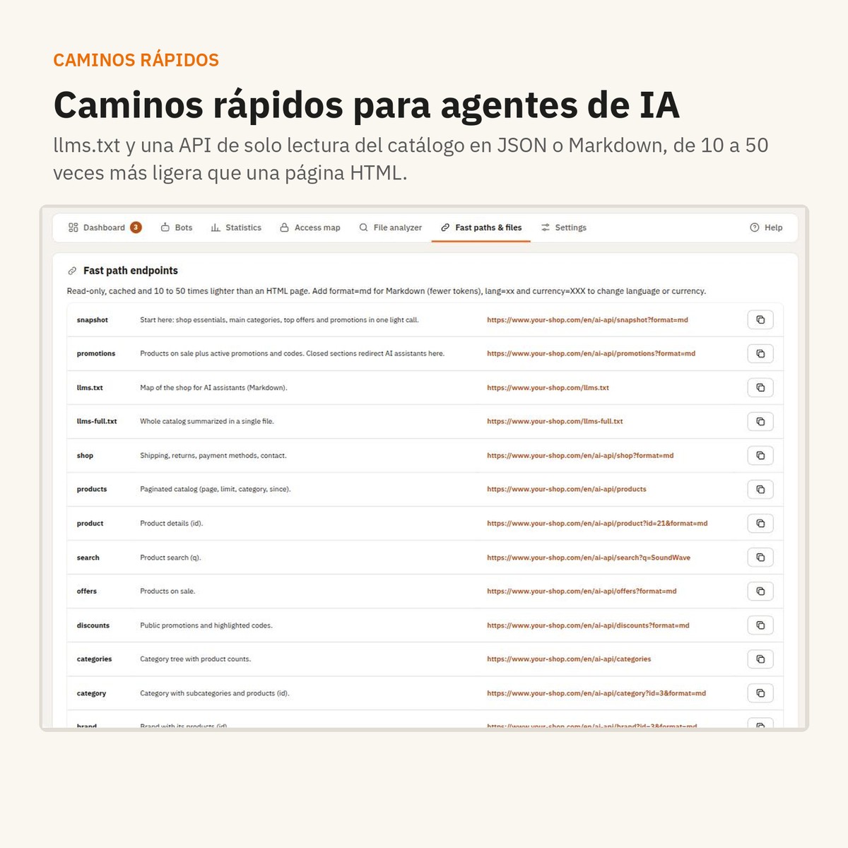 Captura de AI Friendly con llms.txt, llms-full.txt y endpoints de la API del catálogo.